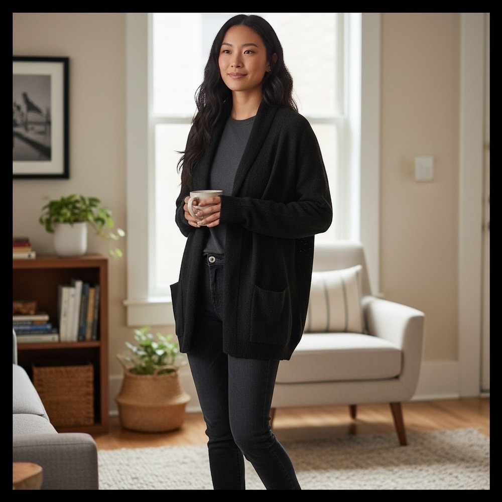 HWR Monogram Anthropologie Black Wool Blend Cardigan Shawl Collar‎ Split Cuff L